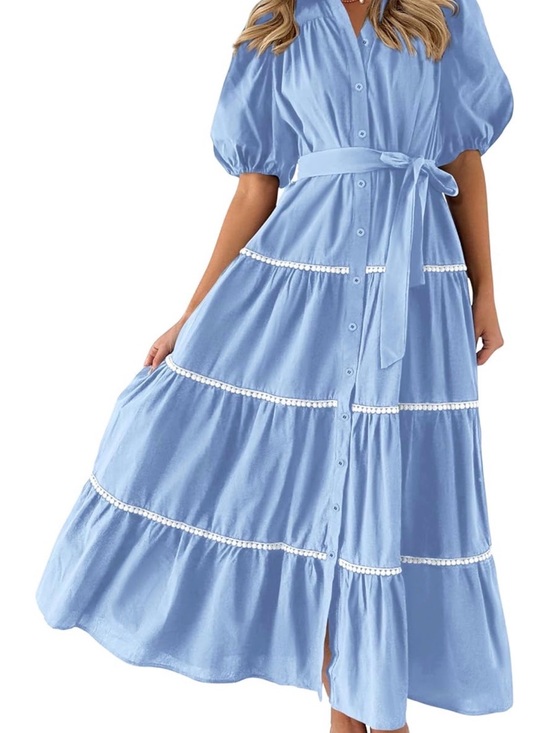 PrettyGarden Dresses & Skirts - Button-Front Light Blue Tiered Midi Dress with Waist Tie